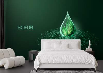 Biofuel, biodiesel, biogas alternative energy source futuristic concept with green drop and leaf Wall mural