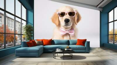 Birthday celebration  adorable border collie dog in silly glasses, isolated on white background Wall mural