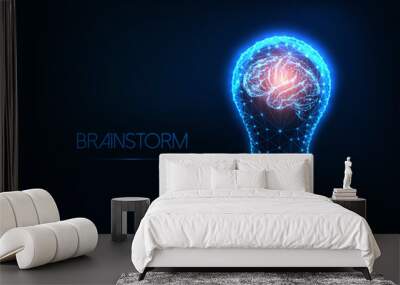 Brainstorm concept with futuristic glowing low polygonal light bulb and human brain. Wall mural