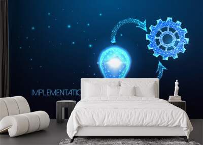 Concept implementation with lightbulb and cogwheel, gear and cycle arrows dark blue background Wall mural