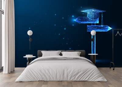 Concept of education direction, college choice with signpost and graduation cap in futuristic style Wall mural