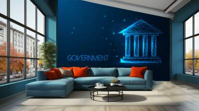 Concept of Governance with government building, courthouse in futuristic glowing style on dark blue Wall mural