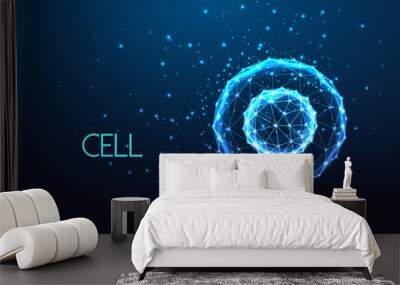 Concept of human cell under microscope in futuristic glowing low poly style on dark blue background Wall mural