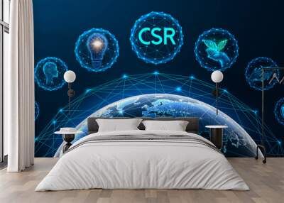 Corporate social responsibility CSR concept in futuristic glowing low polygonal style on dark blue  Wall mural