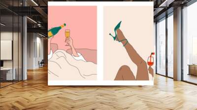 Four fashion illustrations. Hands pouring Champagne and wine into a glass in bed.Morning celebration, Hand drawn vector trendy set. Elegant art.  Wall mural