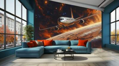 Futuristic airplane soaring majestically through cosmic nebula and alien planet Wall mural