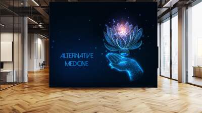 Futuristic alternative, holistic therapy concept with glowing low polygonal human hand and lotus flower Wall mural