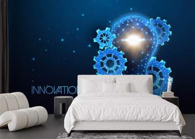 Futuristic business innovation concept with glowing lightbulb and gears, cog wheels on blue Wall mural