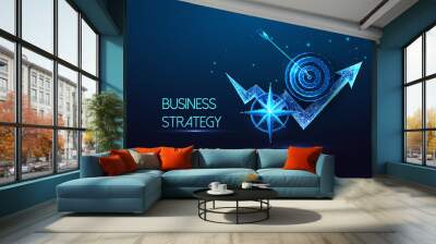 Futuristic business strategy, goals concept with glowing low poly growth chart, compass, and target Wall mural