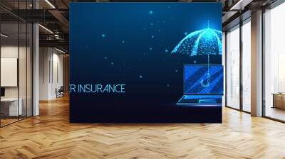 Futuristic cyber insurance, cyber security concept with glowing low polygonal umbrella and laptop  Wall mural