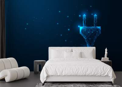 Futuristic Electric plug in glowing low polygonal style isolated on dark blue background Wall mural