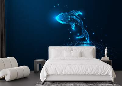 futuristic fish jumping from water concept in glowing low polygonal style isolated on dark blue Wall mural