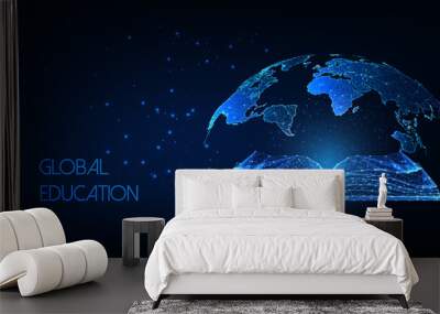 Futuristic global education concept with glowing low polygonal open book and planet map on dark blue Wall mural