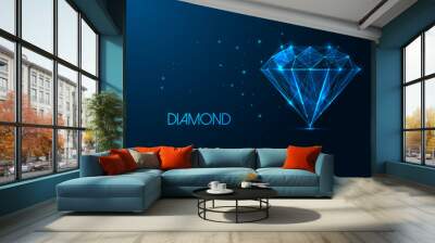 Futuristic glowing diamond symbol isolated on blue background. Luxury, value concept. Wall mural