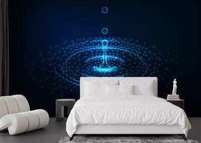 Futuristic glowing low poly falling water drops and water circle ripples on dark blue background. Wall mural