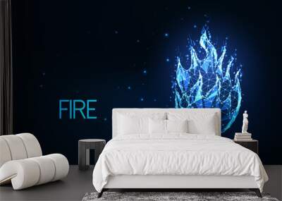 Futuristic glowing low polygonal fire, campfire, bright blue flame isolated on dark blue background. Wall mural