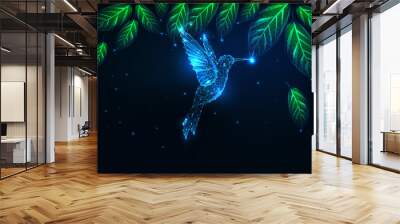 Futuristic glowing low polygonal flying hummingbird in tropical forest on dark blue Wall mural