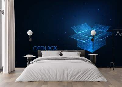 Futuristic glowing low polygonal open box isolated on dark blue background. Wall mural