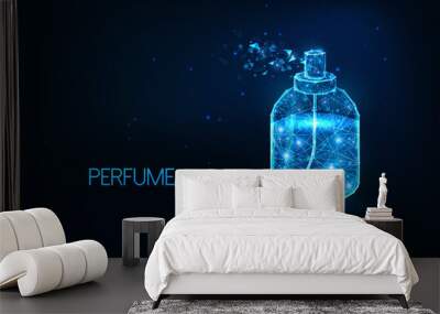 Futuristic glowing low polygonal perfume spray bottle isolated on dark blue background. Wall mural