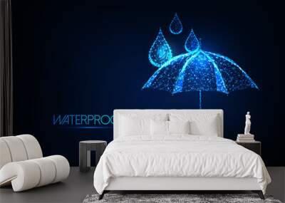 Futuristic glowing low polygonal umbrella and water drops. Waterproofing concept. Wall mural