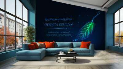 futuristic green friday concept with glowing low poly leaf tag and text on dark blue background. Wall mural