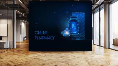 Futuristic online pharmacy concept with glowing smartphone, capsule pills and medicine bottle Wall mural