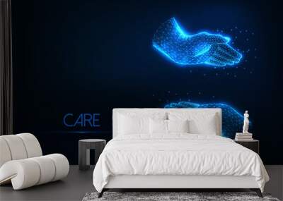 Futuristic protection, caring concept with glowing low polygonal embracing human hands Wall mural