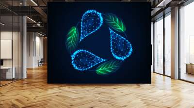 Futuristic recycle sign made of glowing low poly water drops and green leaves on dark blue. Wall mural