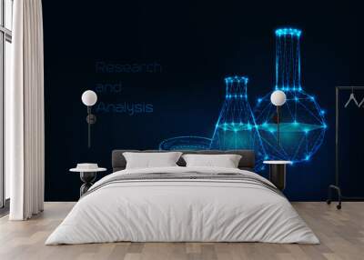 Futuristic science background with glowing low polygonal beakers and petri dish on dark blue. Wall mural