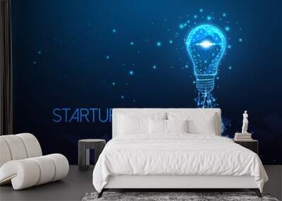 Futuristic startup, innovative business idea concept with glowing low polygonal lightbulb as rocket Wall mural