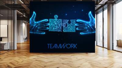 Futuristic teamwork, problem solution concept with glowing two human hands and puzzle pieces  Wall mural