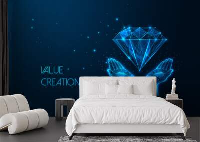 Futuristic Value creation in business idea concept with glowing hands holding diamond on dark blue Generative AI Wall mural