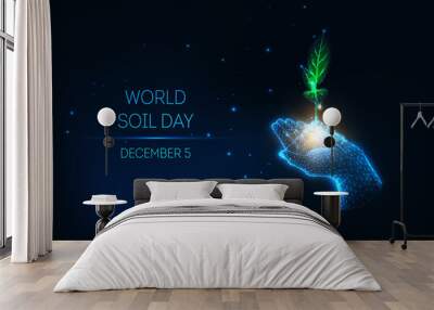 Futuristic World Soil Day concept with glow low poly hand hold green sprout on dark blue background. Wall mural