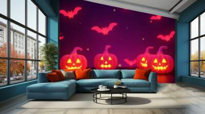 Glowing jack-o'-lanterns with playful expressions against neon purple background Wall mural