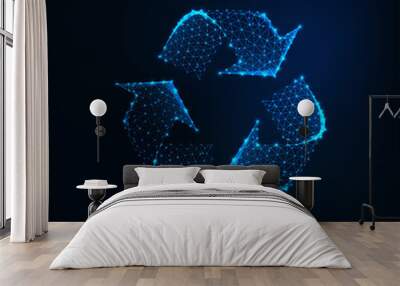 Glowing low poly recycle sign icon mafe of connected lines, stars, triangles on dark blue background Wall mural