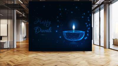 Happy Diwali greeting card template with glowing low polygonal festival lights lamp, stars and text. Wall mural