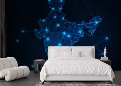 India map glowing silhouette outline made of stars lines dots triangles, low polygonal shapes. Wall mural