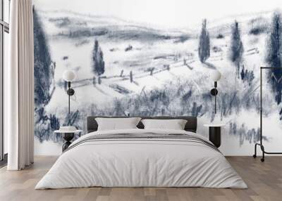 black and white graphic background with landscape and views of Tuscany  Wall mural