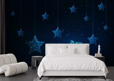 Merry Christmas greeting card with glowing low polygonal hanging stars and text on dark blue. Wall mural