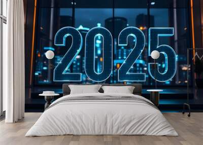 2025 on night office landscape background. Calendar 2025 in business concept Wall mural