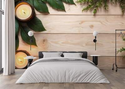 Top view of candles and leaves on wood texture, wooden background. Natural background for product presentation. Wall mural