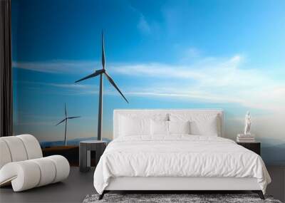 Wind turbine against sky and hilly landscape. Panoramic view of wind park for generation electricity. Green energy concept	
 Wall mural