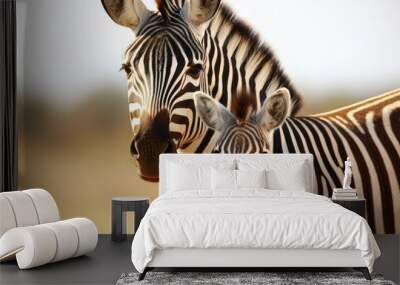 Portrait of a zebra with young little child zebra standing against a green bush Wall mural