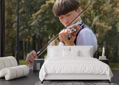 Stylish Young man, a student of music college, plays the violin in the park on a background of yellow-green leaves. Dressed in a white shirt and black vest. Wall mural