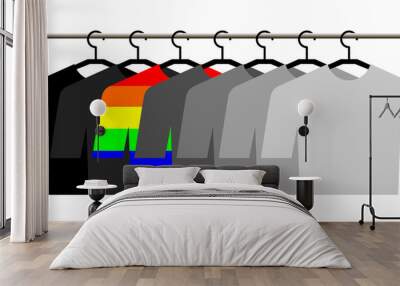 Raster graphics - monochrome black and white T-shirts and one rainbow one hang in a row on hangers isolated. Concept - individuality and self-expression Wall mural