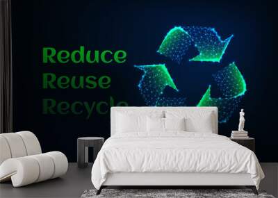 Reduce reuse recycle ecology banner with green glow low poly recycle symbol and text on dark blue. Wall mural