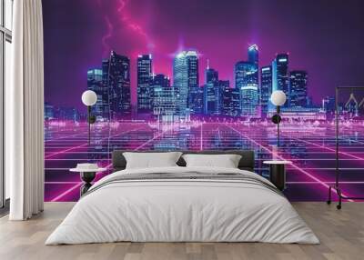 Retro 1980s cityscape landscape with sci-fi elements and futuristic wave background Wall mural