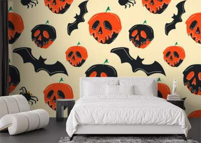 Seamless pattern with cute halloween an apple with a skull face cartoon characters. Vector Wall mural