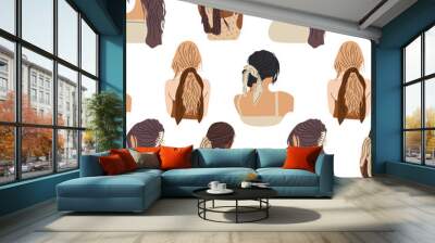 Seamless Pattern with young ladies with various Haircuts and accessories. Look from behind. Rear view. Women dressed in different clothes. Heads and shoulders. Beauty salon concept Wall mural