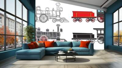 Set of Old steam locomotive in isolate on white background, vector illustration Wall mural